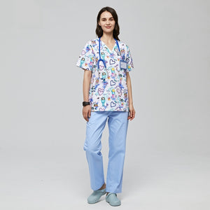 Hand Washing Suit Polyester Cotton Printed Pet Doctor Nurse Work Uniforms