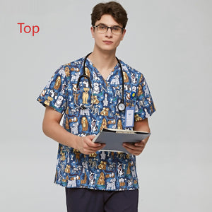 Surgical Gown Printed V-neck Pet Doctor Beauty Hospital Work Clothes Flower Dog Blue